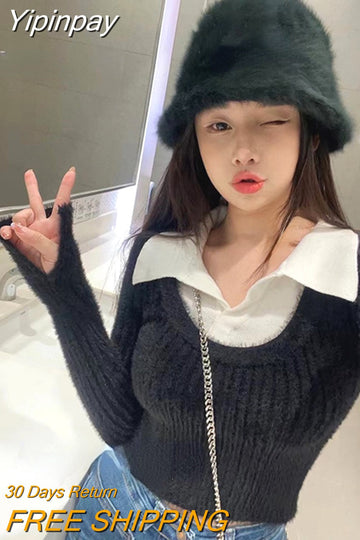 Yipinpay Winter Fake Two Clothing Slim Knitted Sweater Woman Casual Y2k Crop Tops Korean Fashion Pure Color Pullover Office Lady